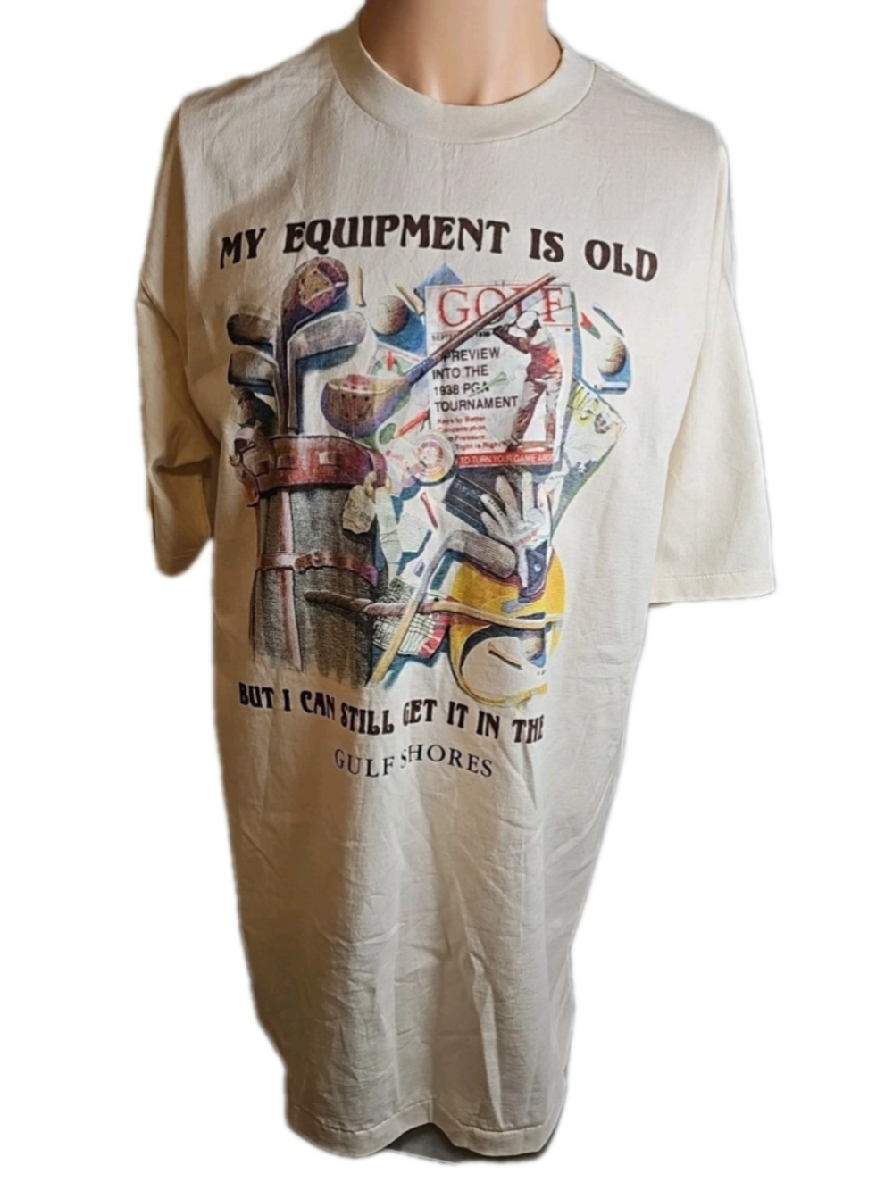 Vintage Gulf Shores Golf Shirt Single Stitch Adult Size XL White Funny Old USA